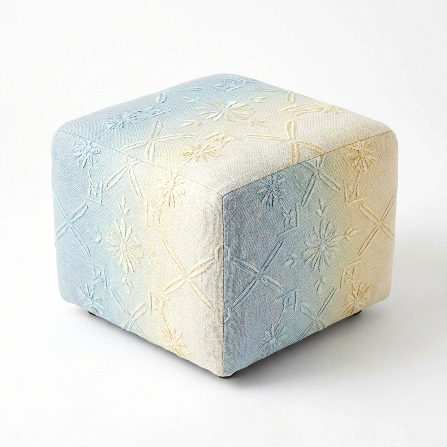 Embroidered Cube Pouf Ottoman – Blue & Cream Ombre Upholstered Footstool, Soft Square Floor Seat Accent Stool