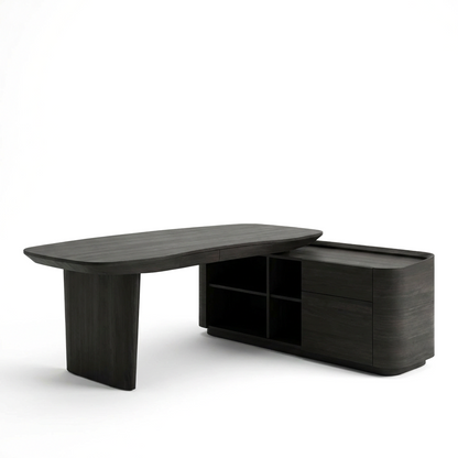 Modern Executive Desk with Storage – Black Wood Writing Desk with Side Cabinet, Rounded Edge Office Desk with Shelves &amp; Drawers