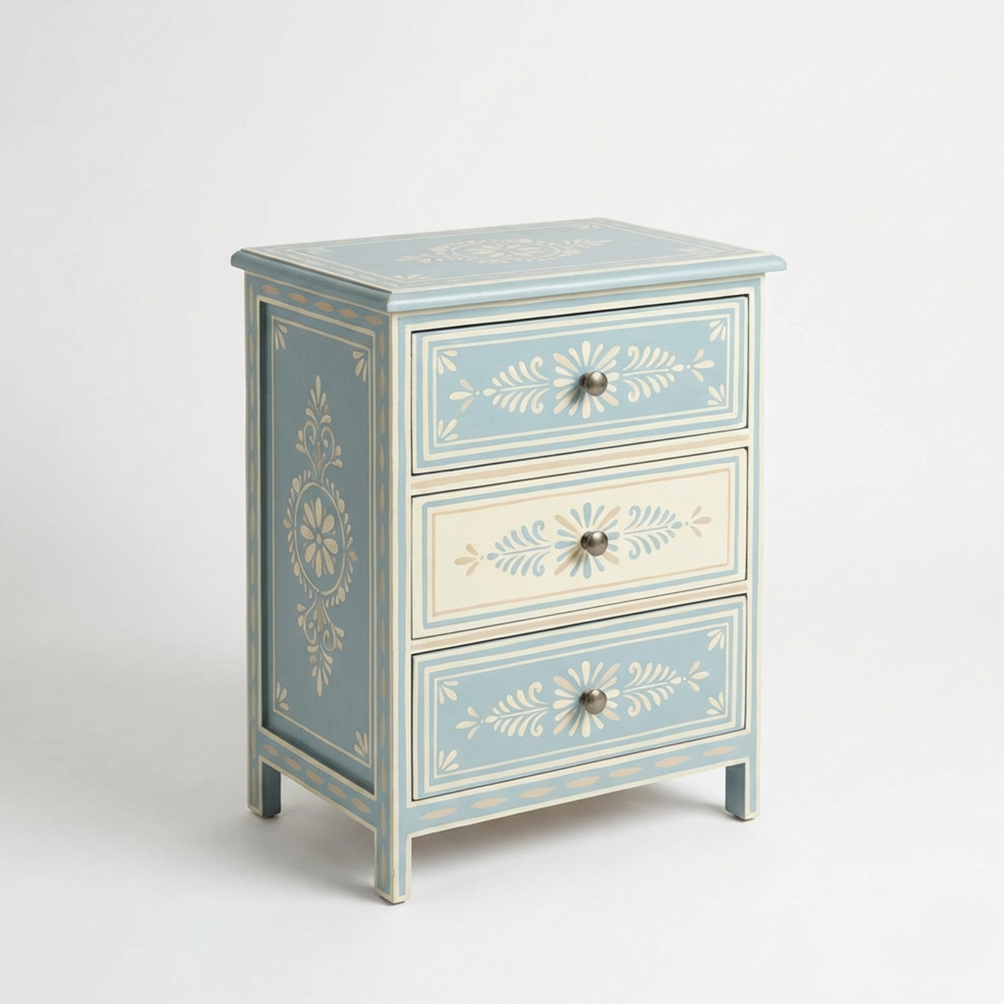 3-Drawer Nightstand – Hand-Painted Blue &amp; Cream Accent Chest with Floral Motif, Vintage French Country Bedside Table