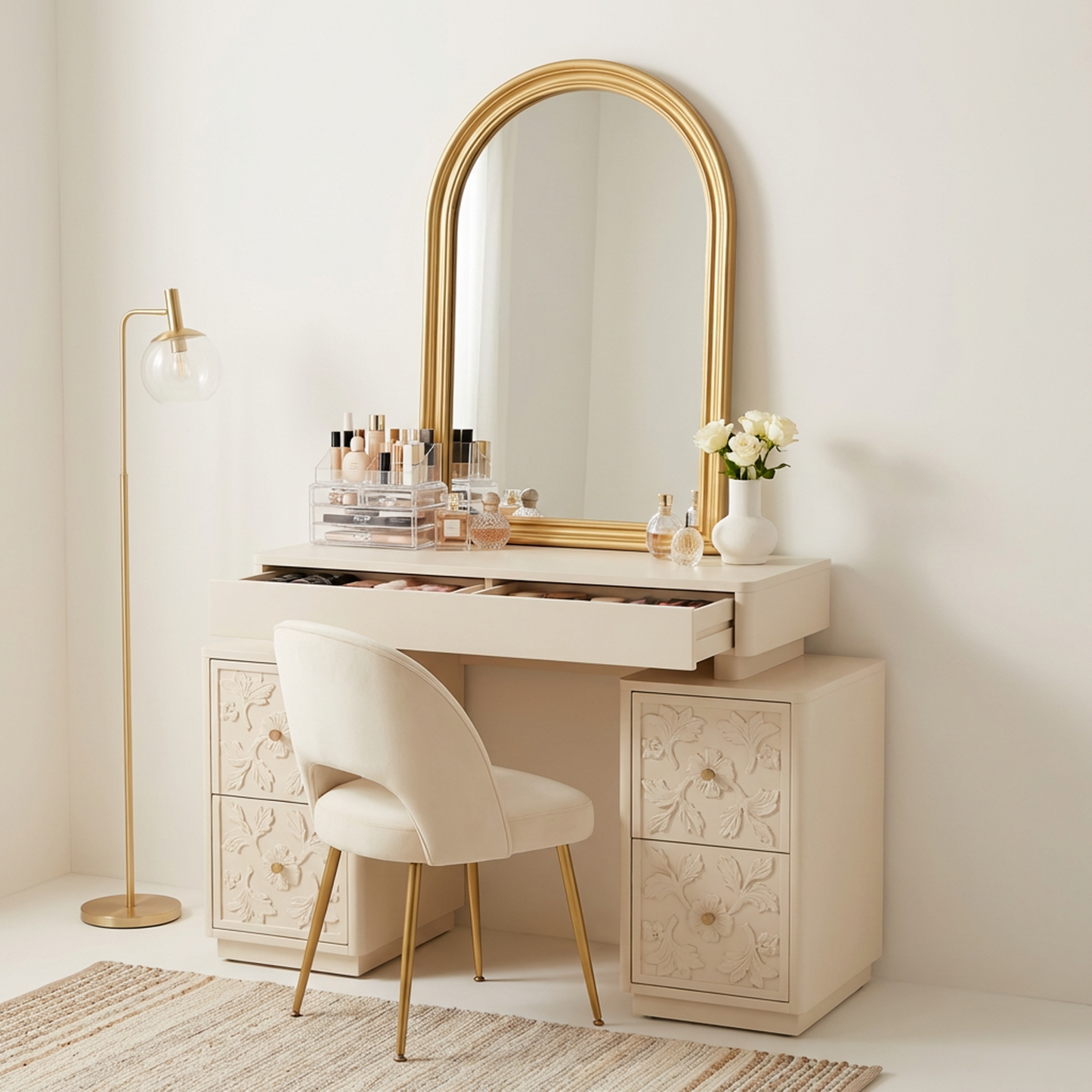 Vanity Desk with Arched Mirror – Cream White Dressing Table Set with Floral Carved Drawers, Gold Frame Makeup Vanity