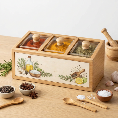 Wooden Seasoning Box with 3 Compartments – Clear Lidded Spice Organizer, Dust-Proof Countertop Condiment Storage (Vintage Illustration Design)