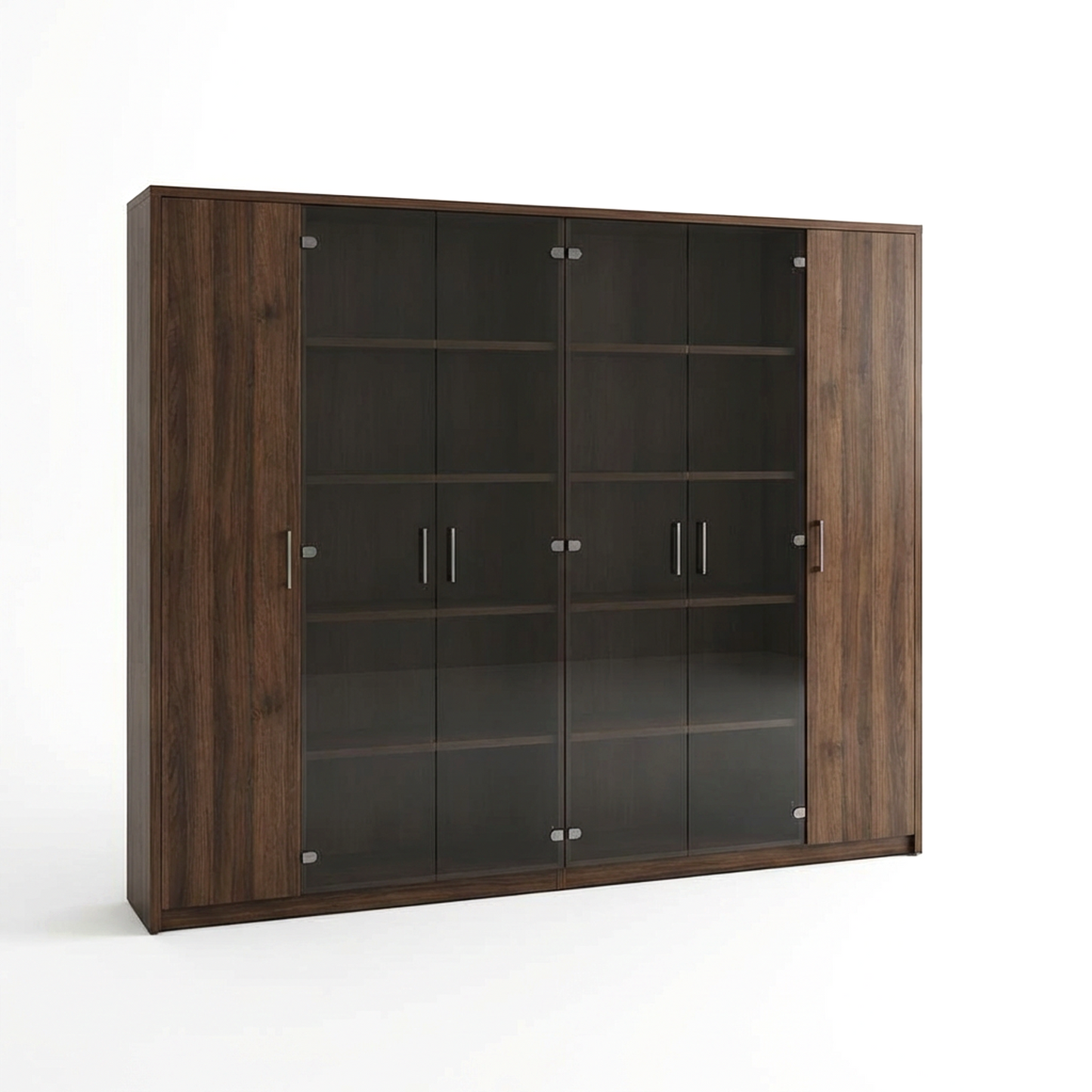 Large Wood Display Cabinet with Glass Doors – Modern Walnut Storage Cupboard with Shelves, Multi-Door Bookcase / Office Credenza