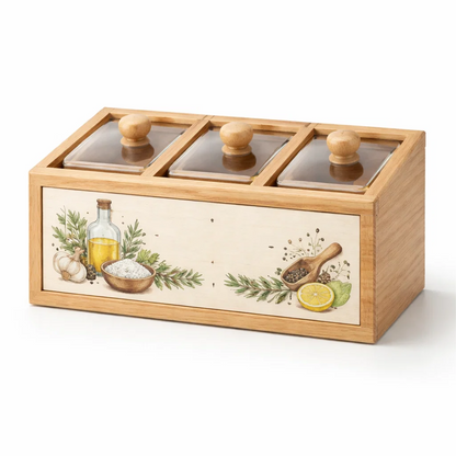 Wooden Seasoning Box with 3 Compartments – Clear Lidded Spice Organizer, Dust-Proof Countertop Condiment Storage (Vintage Illustration Design)