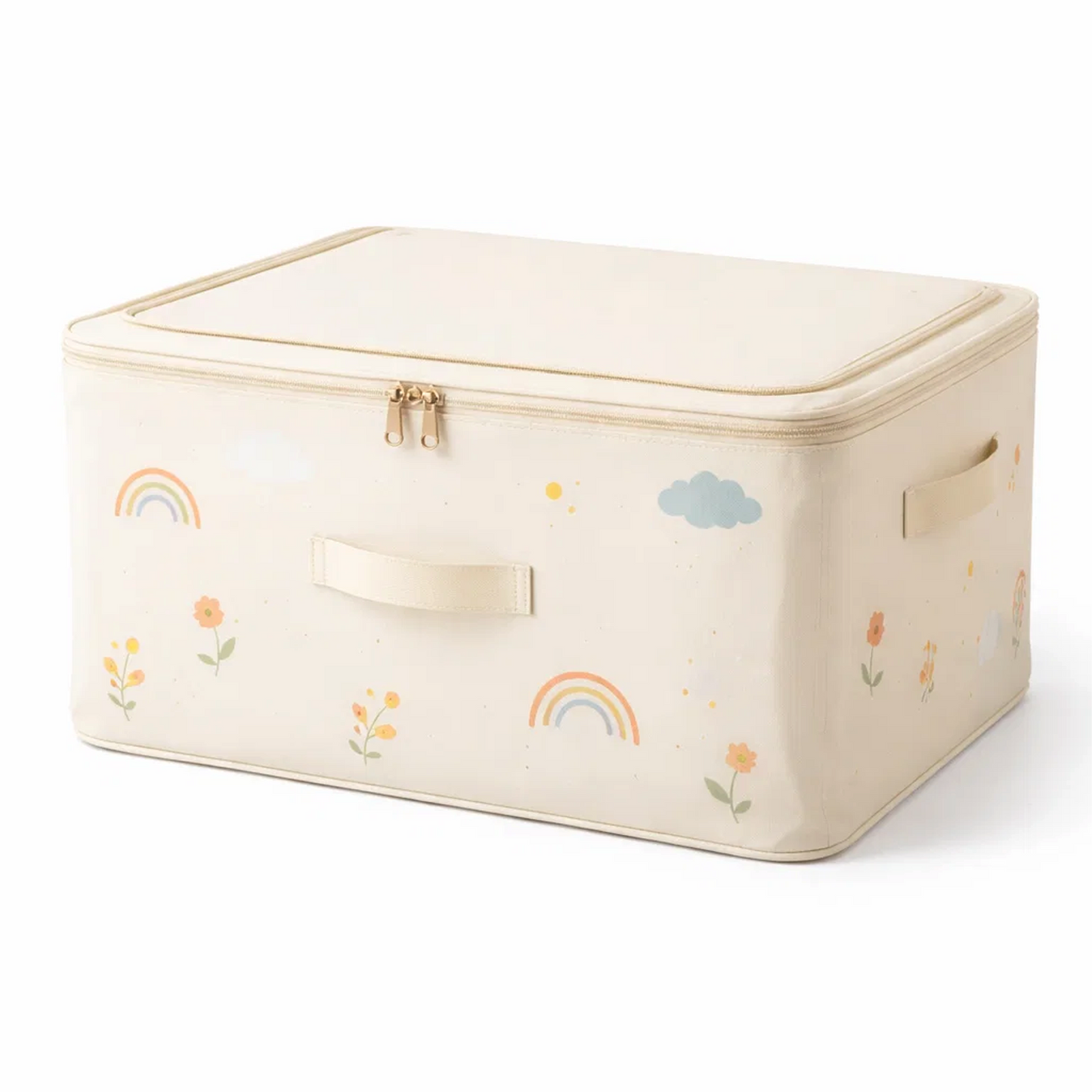 Foldable Fabric Storage Bin with Lid – Zippered Clothes &amp; Toy Organizer Box, Rainbow Print Closet Storage (Cream White)