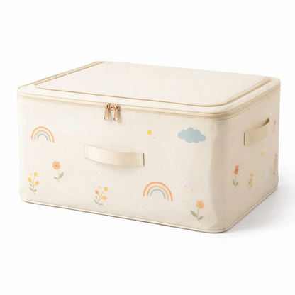 Foldable Fabric Storage Bin with Lid – Zippered Clothes &amp; Toy Organizer Box, Rainbow Print Closet Storage (Cream White)