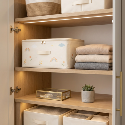 Foldable Fabric Storage Bin with Lid – Zippered Clothes &amp; Toy Organizer Box, Rainbow Print Closet Storage (Cream White)