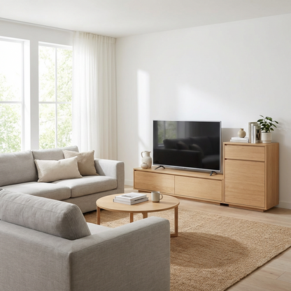 Modular Wooden TV Stand with Storage – Minimalist Low Media Console + Tall Side Cabinet, Oak Finish Entertainment Center