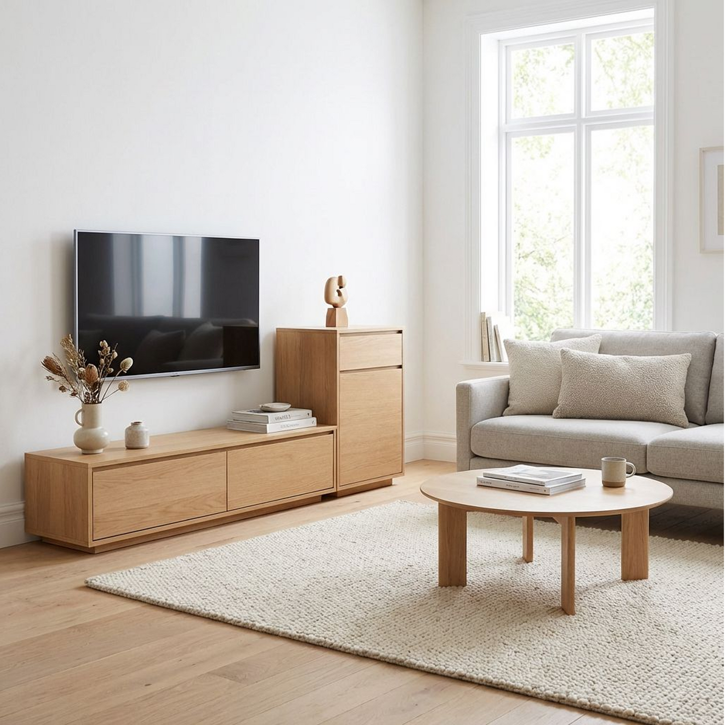 Modular Wooden TV Stand with Storage – Minimalist Low Media Console + Tall Side Cabinet, Oak Finish Entertainment Center