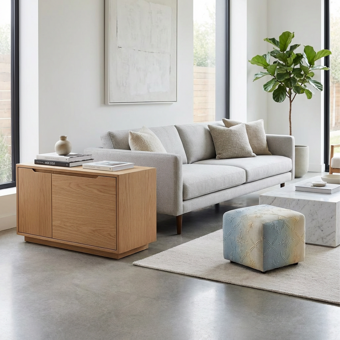 Embroidered Cube Pouf Ottoman – Blue &amp; Cream Ombre Upholstered Footstool, Soft Square Floor Seat Accent Stool