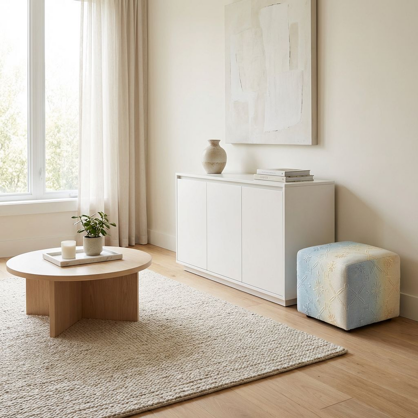 Embroidered Cube Pouf Ottoman – Blue &amp; Cream Ombre Upholstered Footstool, Soft Square Floor Seat Accent Stool