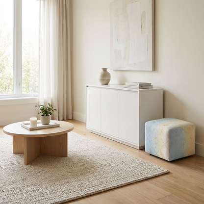 Embroidered Cube Pouf Ottoman – Blue &amp; Cream Ombre Upholstered Footstool, Soft Square Floor Seat Accent Stool