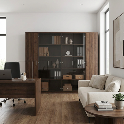 Large Wood Display Cabinet with Glass Doors – Modern Walnut Storage Cupboard with Shelves, Multi-Door Bookcase / Office Credenza