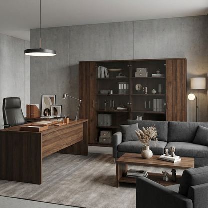 Large Wood Display Cabinet with Glass Doors – Modern Walnut Storage Cupboard with Shelves, Multi-Door Bookcase / Office Credenza