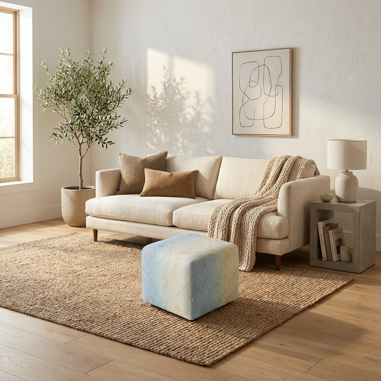 Embroidered Cube Pouf Ottoman – Blue &amp; Cream Ombre Upholstered Footstool, Soft Square Floor Seat Accent Stool