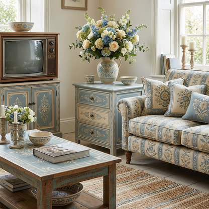 3-Drawer Nightstand – Hand-Painted Blue &amp; Cream Accent Chest with Floral Motif, Vintage French Country Bedside Table