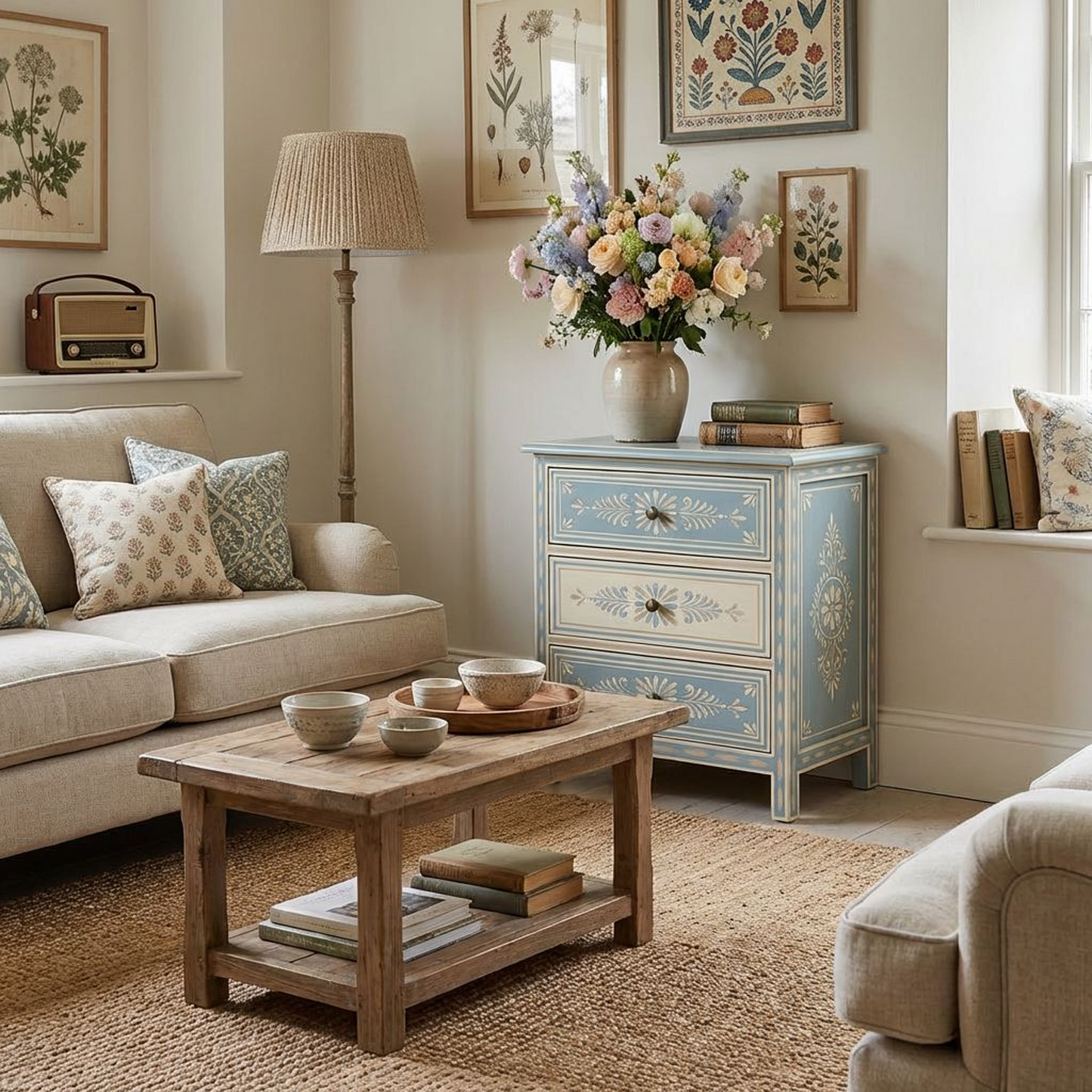 3-Drawer Nightstand – Hand-Painted Blue &amp; Cream Accent Chest with Floral Motif, Vintage French Country Bedside Table