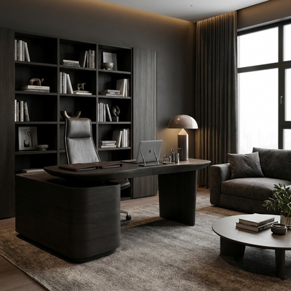 Modern Executive Desk with Storage – Black Wood Writing Desk with Side Cabinet, Rounded Edge Office Desk with Shelves &amp; Drawers