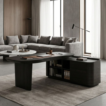 Modern Executive Desk with Storage – Black Wood Writing Desk with Side Cabinet, Rounded Edge Office Desk with Shelves &amp; Drawers