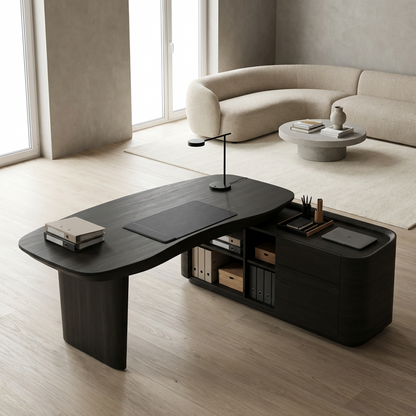 Modern Executive Desk with Storage – Black Wood Writing Desk with Side Cabinet, Rounded Edge Office Desk with Shelves &amp; Drawers